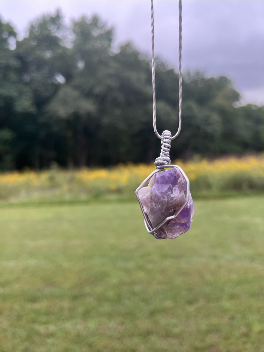 Hand Crafted Purple Amethyst Pendant Necklace with Silver Wire, 18” silver chain